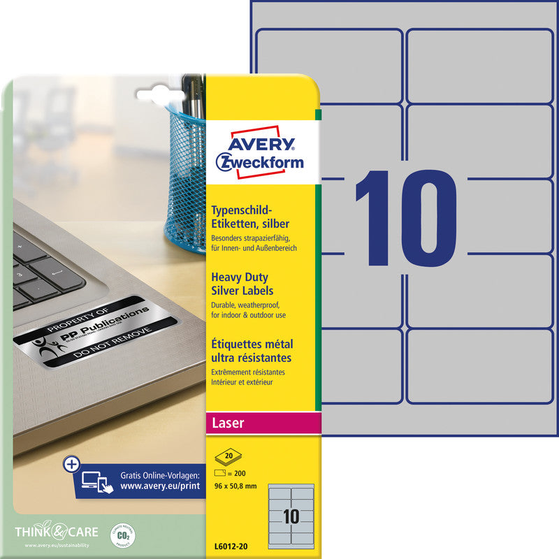 Avery Typenschild-Etiketten, 96 mm × 51 mm, silber, Folie, permanent, 200 Etiketten (20 Blatt)