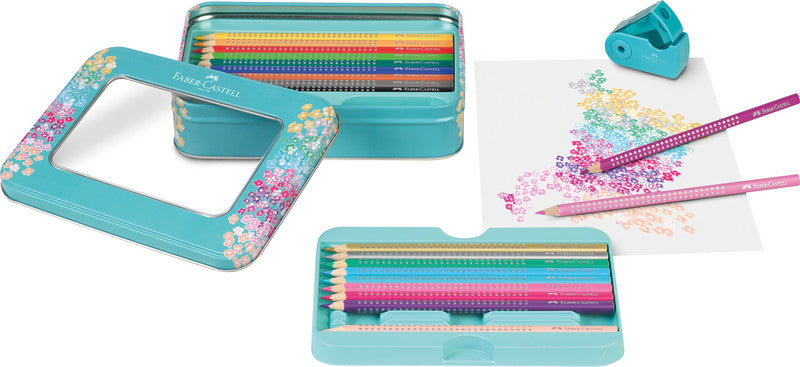 Faber-Castell Aquarellfarbstifte Grip Sparkle – 20 Farben, im Metalletui, mit Spitzer, Ø 3 mm, dreikantig, FSC