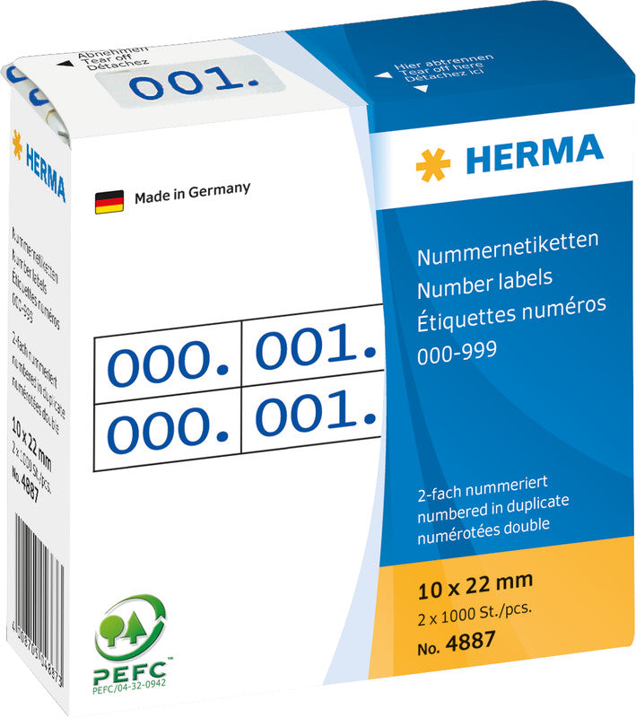 HERMA Schuletiketten – Motiv nummeriert 0–999, Weiss-Blau – 10×22 mm, 2000 Stk, Papier, permanent haftend