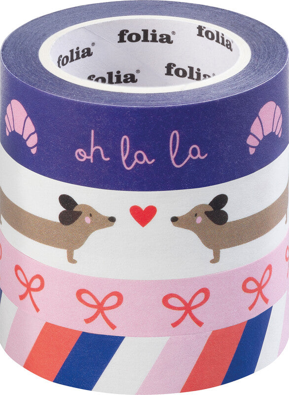 Folia Washi Tape Set – Breitenmix 10/15 mm × 10 m, Mehrfarbig, Papier, Wiederablösbar, 4 Rollen