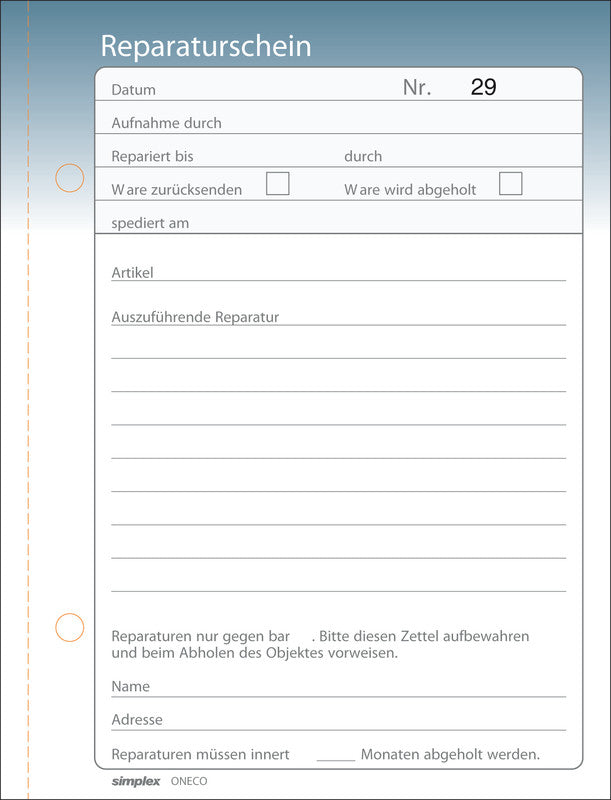 Simplex Formularblock – Reparaturscheine, Deutsch, 50 Blatt, A6