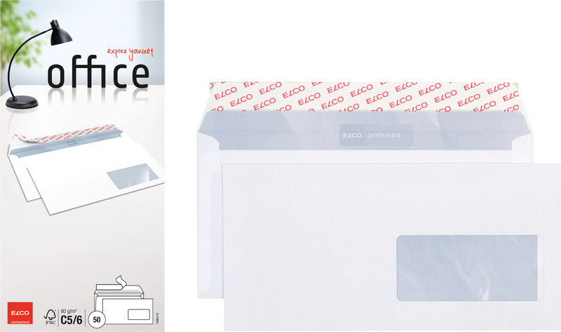 Elco Couvert C5/6, Fenster rechts, Haftklebung, hochweiss, 80 g/m², mit Innendruck – 50 Stk.