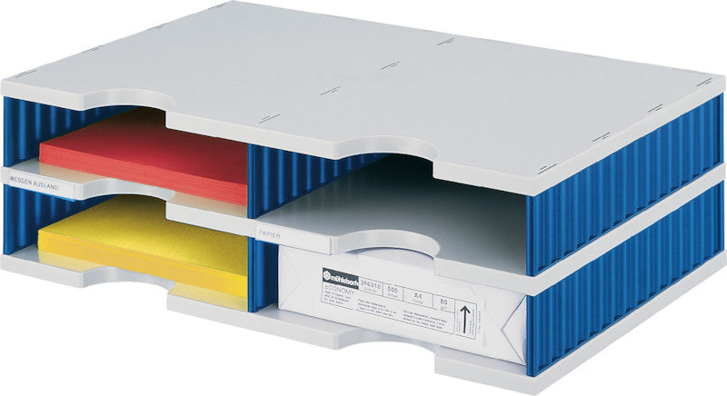Styro Stapelbarer Briefkorb mit Griffausschnitt und Beschriftungsfeld, Blau/Grau, B 485 × H 153 × T 331 mm