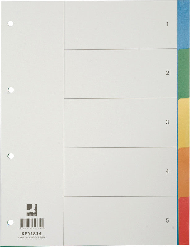 Q-connect Register – A4, 5-teilig, Kunststoff, farbig, unbedruckt, mit Indexblatt, 4-fach gelocht