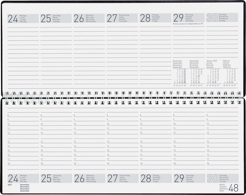 Biella Agenda – 1 Woche/2 Seiten, Spiralbindung, 29,8 × 11,7 cm, 2027, mehrsprachig, Dunkelblau, FSC
