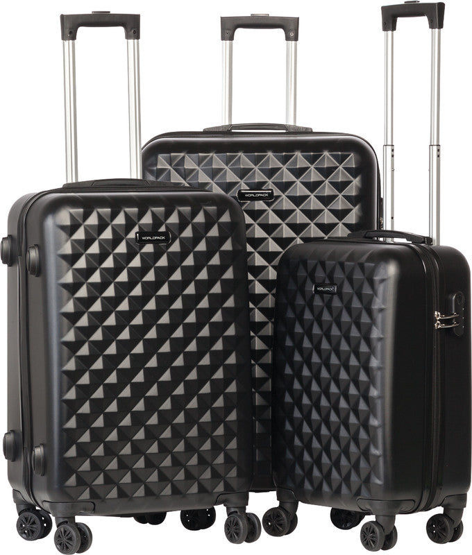 Worldpack Kofferset Diamond 3-teilig – ABS-Hartschale, 4 Doppelrollen, schwarz
