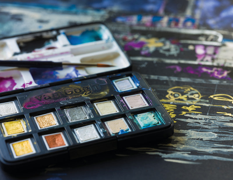 Van Gogh Pocket Box – Aquarellfarben – Set, 12 Farben, metallic & perleffekt, inkl. Schwamm & Pinsel