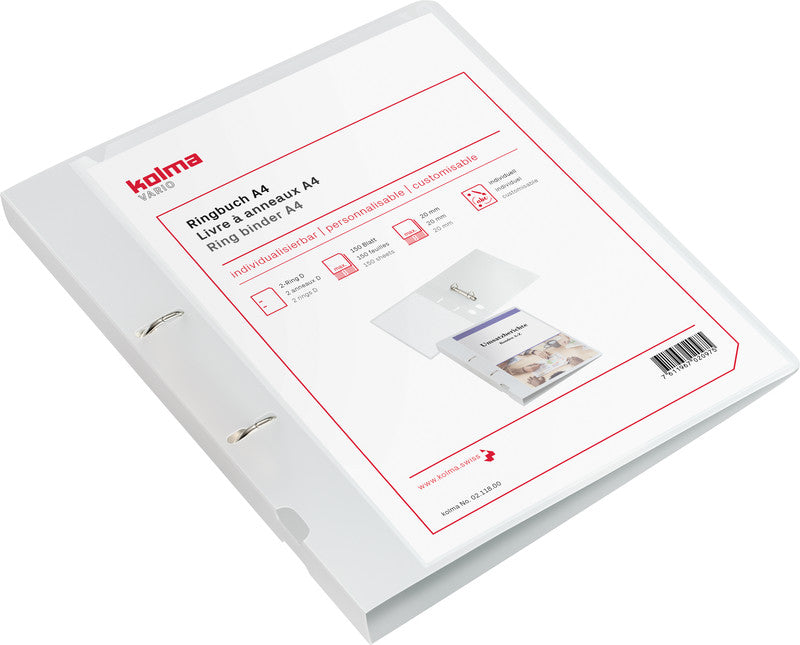 Kolma Zeigebuch – A4 Hochformat – 2-Ring Bügelmechanik, Ø 20 mm, Rücken 27 mm – Transparent, mit Sichttasche