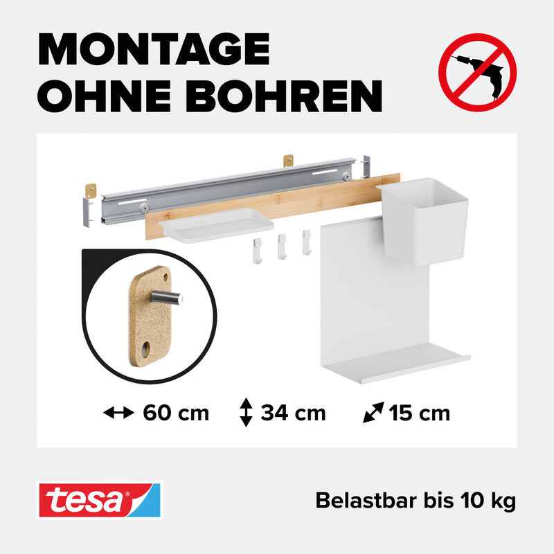 TESA Küchenorganizer Kombi-Set S – Aluminium/Bambus, 60 × 34 × 15 cm