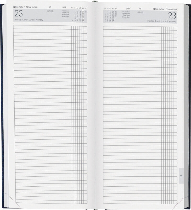 Biella Tower Agenda – 1 Tag/2 Seiten, gebunden, 13,5 × 31,5 cm, Jan–Dez 2027, dunkelblau, FSC