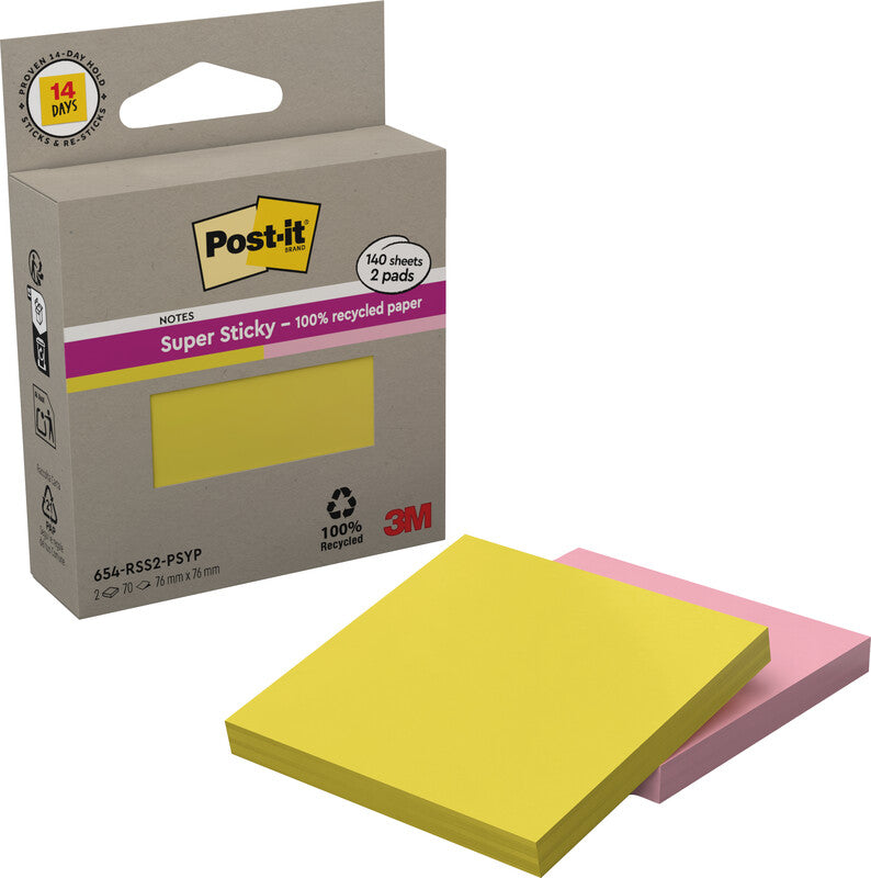 Post-it Super Sticky Haftnotizen – 76×76 mm – sortiert (gelb, rosa), 2×70 Blatt
