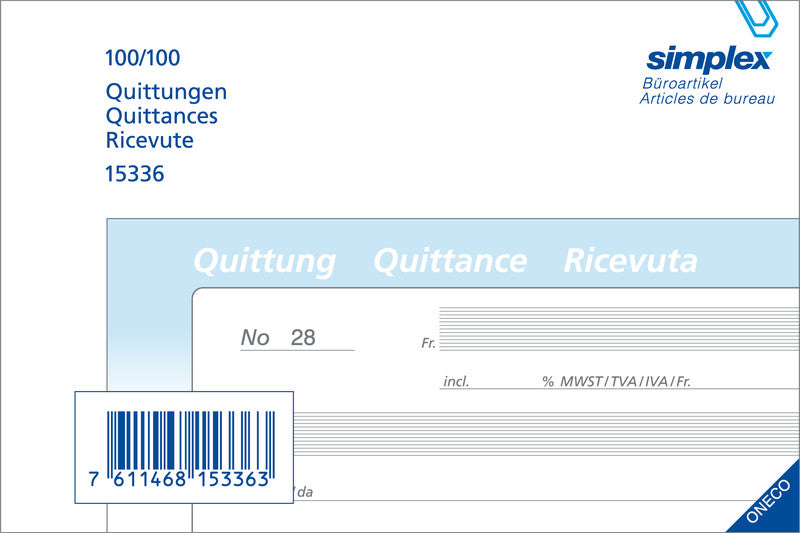 Simplex Formularblock – Quittungen, Deutsch, Französisch, Italienisch, 100 Blatt, A6