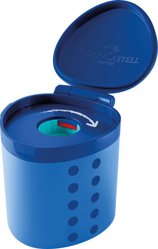 Faber-Castell Spitzer – manuell, 1-Loch, mit Behälter, für Buntstifte Ø 18 mm, Kunststoff, blau, Grippy