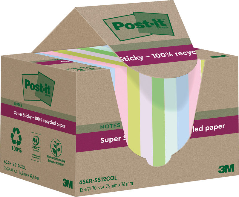 Post-it Haftnotizen Super Sticky – 76×76 mm – sortiert, 12×70 Blatt, PEFC