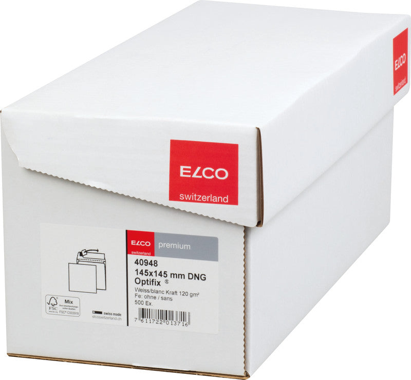 Elco Couvert 145 × 145 mm, ohne Fenster, Haftklebung, hochweiss, 120 g/m² – 500 Stk.