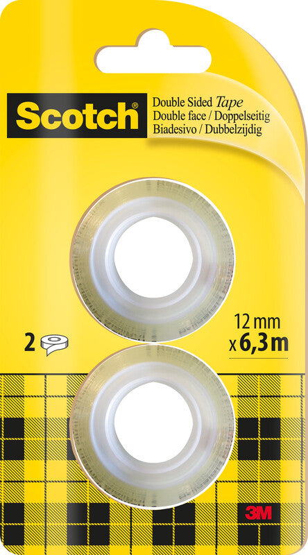 Scotch Doppelseitiges Klebeband 665 – 12 mm × 6,3 m, transparent, Kern Ø 25 mm, 2 Rollen
