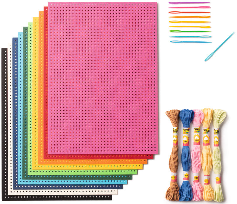 Folia Stickkarton-Set – 10 Kartons, 5 Stickgarne je 8 m, 10 Sticknadeln – 175 × 245 mm