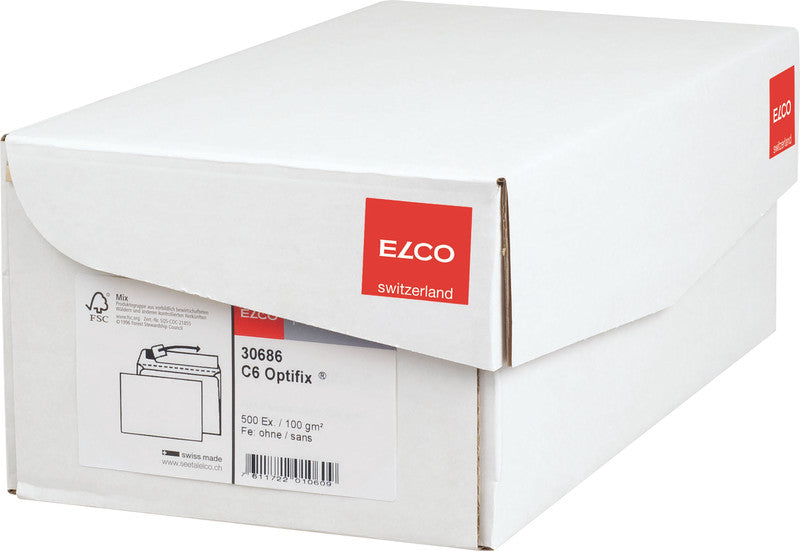 Elco Couvert C6 (162 × 114 mm), ohne Fenster, selbstklebend (Optifix), hochweiss, 100 g/m², Papier – 500 Stk.