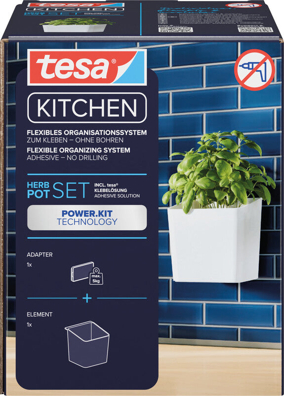 TESA Kräuterkopf – Power.Kit-Befestigung, wieder ablösbar, belastbar bis 5 kg – ABS – Weiss – 13,5 × 13,5 × 14