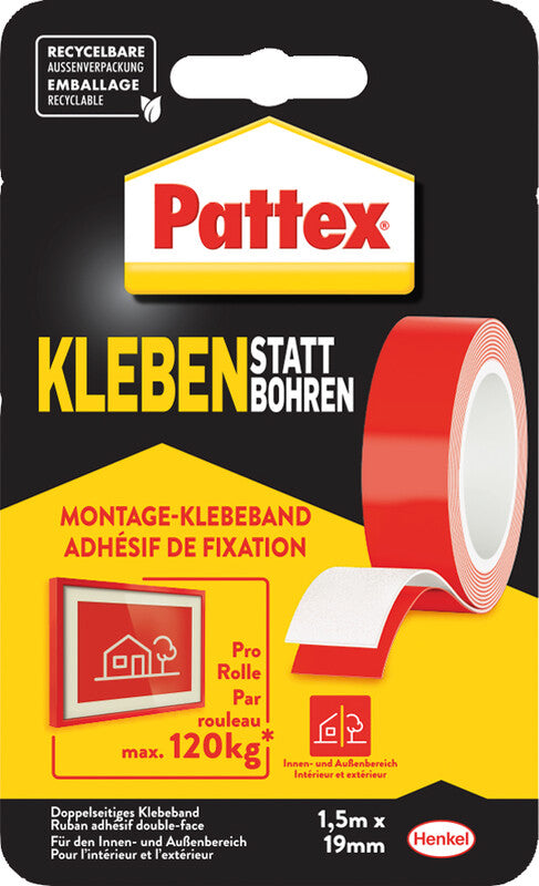 Pattex Montageband, extra stark, für Innen- & Aussenbereich, für glatte Oberflächen – 19 mm × 1,5 m, weiss, bis 120 kg