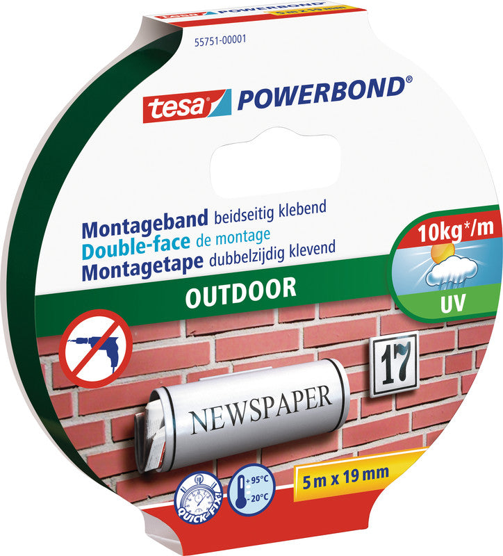Tesa Powerbond Montageband, stark, für Aussen, für glatte Oberflächen – 19 mm × 5 m, weiss, bis 1 kg/10 cm