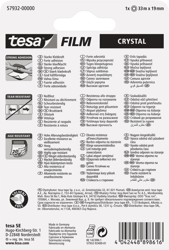 TESA Büro-Klebeband Crystal – permanent, Kunststoff, 19 mm × 33 m, transparent, Kern Ø 26 mm