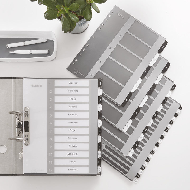 Leitz WOW Register A4 Überbreit – Nummeriert 1–12, 12 Taben, PP, Schwarz, Weiss, 11-fach