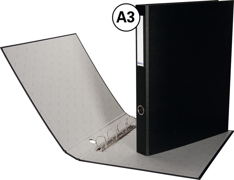 Biella Ringbuch Plasti-Quatro – A3 Hochformat – 4-Ring Bügelmechanik, Ø 35 mm – Schwarz, mit Griffloch, FSC