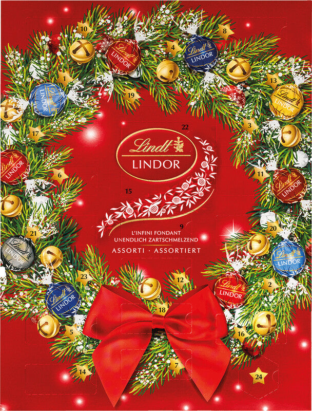 Lindt LINDOR Adventskalender Kugeln – Mix: Milch, Dunkel 60% Kakao, Weiss, Haselnuss, Weihnachten, 299 g