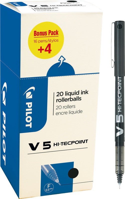 Pilot Hi-Tecpoint V5 – Tintenroller-Set, mit Kappe, 0,3 mm, Schwarz, 20er Pack