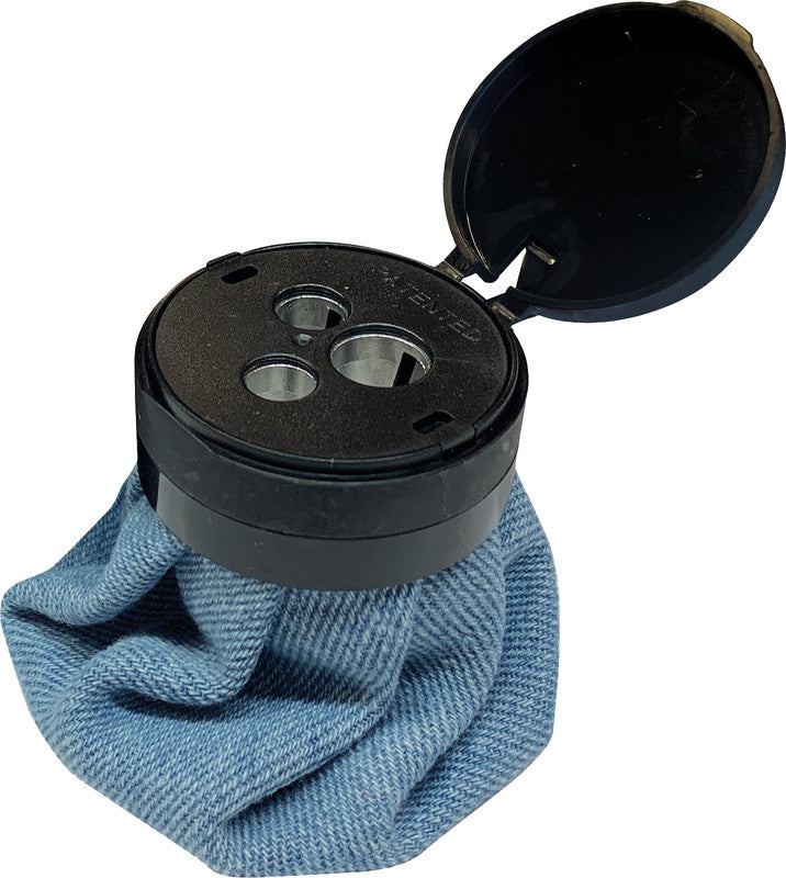 ARDA Spitzer – manuell, 2-Loch, mit Behälter, für Blei- & Buntstifte Ø 7,8, 8 und 11 mm, Stoff, Jeans