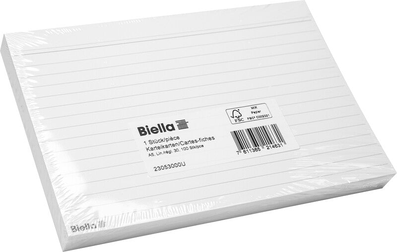 Biella Karteikarte A5 quer, liniert, weiss, 205 g/m², Karteikarton – 100 Stück
