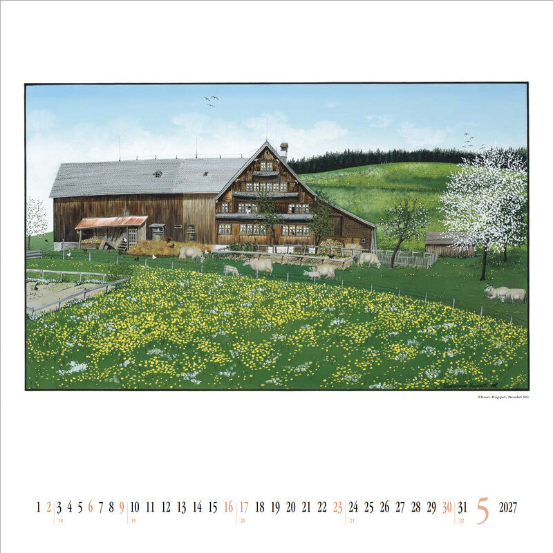 Kuratli Kunstkalender Susanna Bauernhäuser 2027 – 42 × 42 cm – mit Aufhänger, mit Kartonrückwand