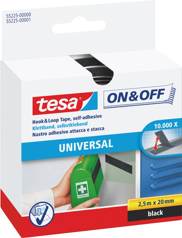 TESA Klettband – permanent, 20 mm × 2,5 m, schwarz