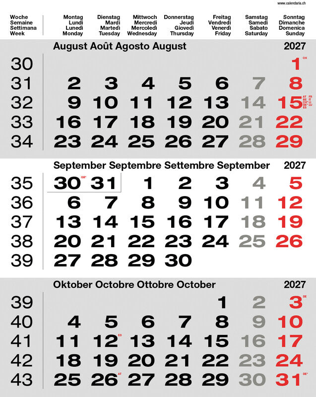 Calendaria 3-Monats-Kalender, 3 Monate pro Seite, 2027, 31 × 40 cm, d/f/i/gb, Spiralbindung, mit Datumsschieber