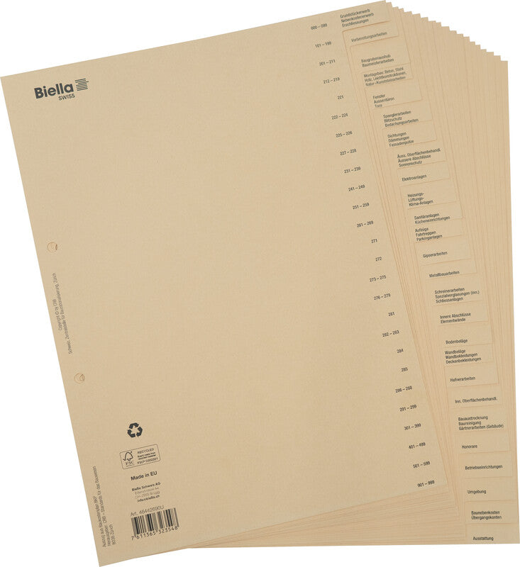 Biella Register – A4, 26-teilig, Papier, braun, vorgedruckt, 2-fach gelocht, 50 Tarifposten