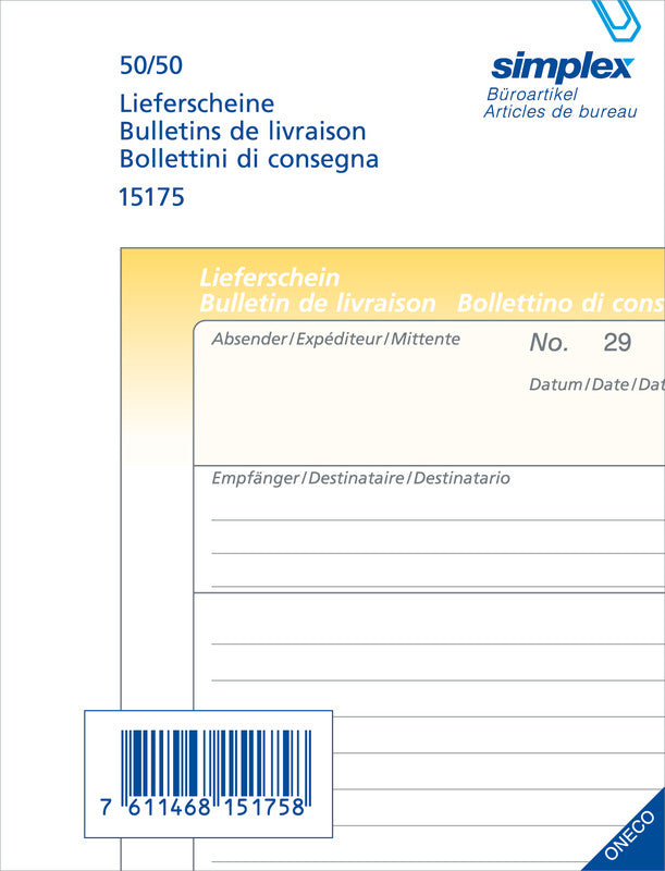 Simplex Formularblock – Lieferscheine, mehrsprachig, 50 Blatt, A6