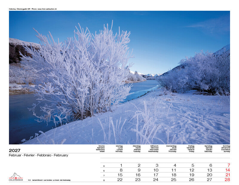 Calendaria Swiss Panorama – Bildkalender Schweiz 2027 – 40 × 31 cm – Kalendarium d/f/i/e