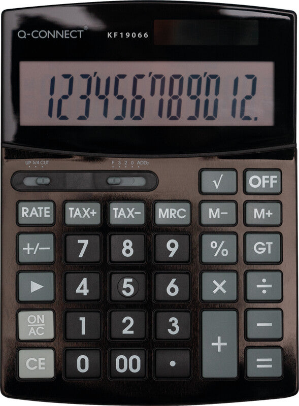 Q-connect Tischrechner KF19066 – 12-stellig, LCD, Steuer/Prozent, Solar + Batterie, Schwarz