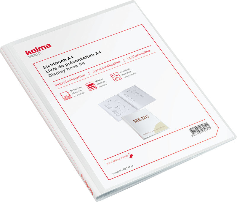 Kolma Sichtbuch Vario – 20 Sichttaschen, A4, mit Fronttasche, glatt, glänzend, weiss, Kunststoff