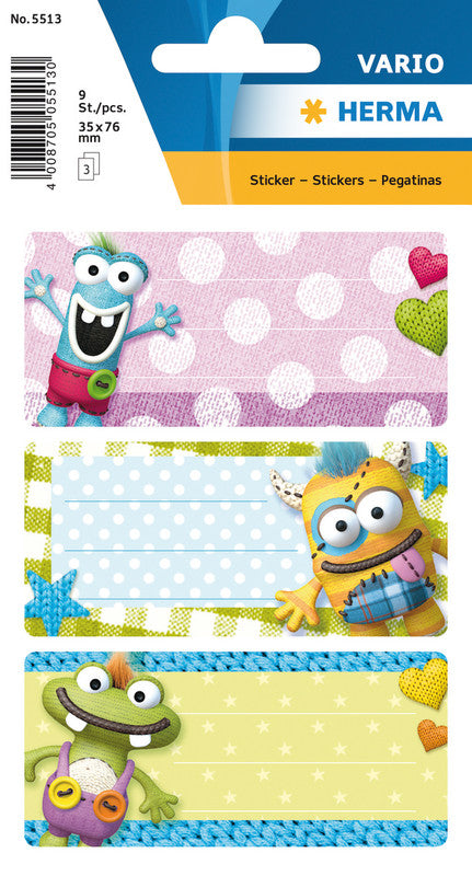 HERMA Vario Schuletiketten – Motiv Kleine Monster – 35×76 mm, Abgerundete Ecken, 9 Stück, 3 Bögen, Papier