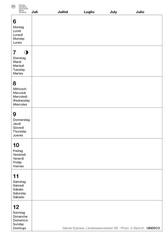Calendaria Schweizer Foto-Almanach Agenda – 1 Woche pro Seite, Spiralbindung, A5, 2026, mehrsprachig, mehrfarbig