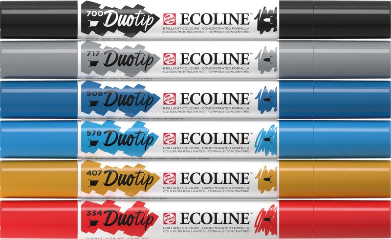 Ecoline Brush Pen Duotip – Keilspitze 6 mm, Rundspitze 1-2 mm – sortiert – 6er-Set – wasservermalbar