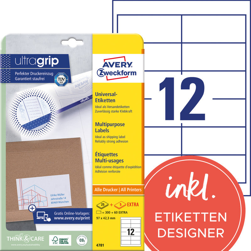 Avery Druckeretiketten, 97 mm × 42,3 mm, weiss, Papier, permanent, 360 Etiketten (30 Blatt)