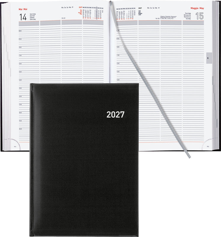 Biella Quattro Agenda – 1 Tag pro Seite, Gebunden, A4, 2027, 1-Stunden-Takt, Schwarz, FSC