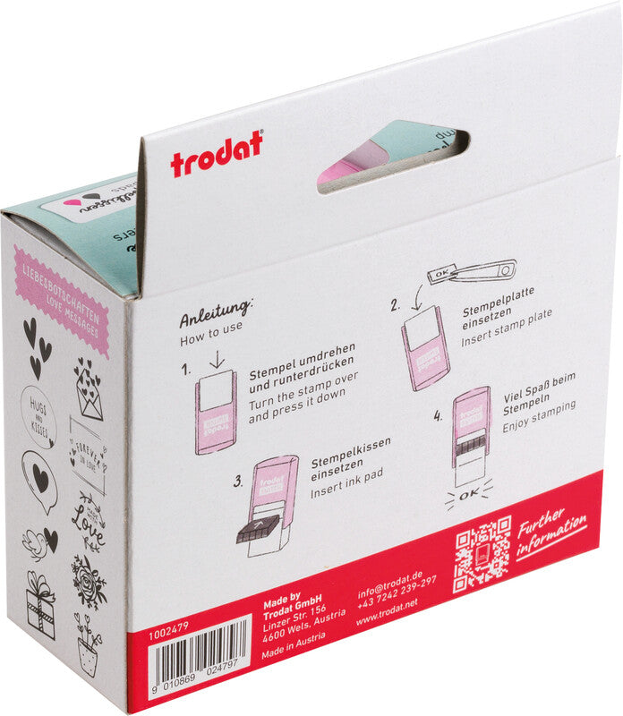 Trodat Love Messages Motivstempel-Set – selbstfärbend, 10 Textplatten 19 × 19 mm, 2 Kissen (pink/schwarz)