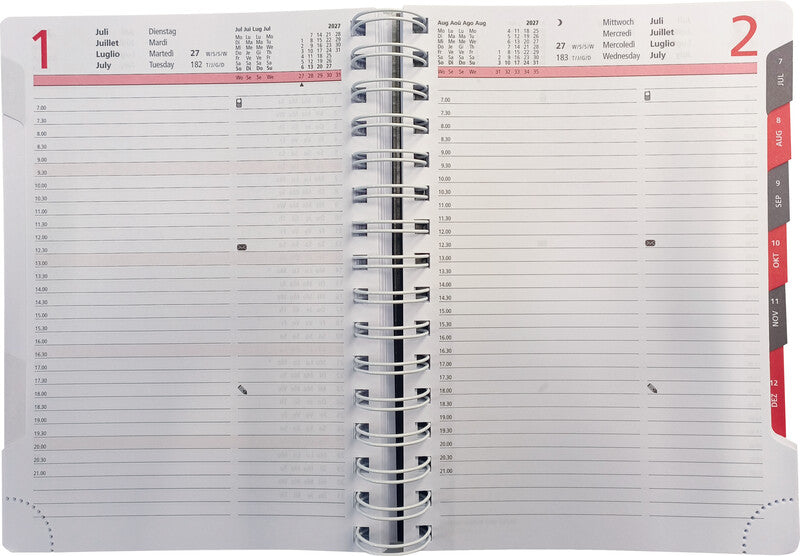Biella Registra plus Agenda – 1 Tag/Seite, Wire-O, 14,5 × 20,5 cm, 2027, 1/2-Stunden-Takt, Grau, FSC