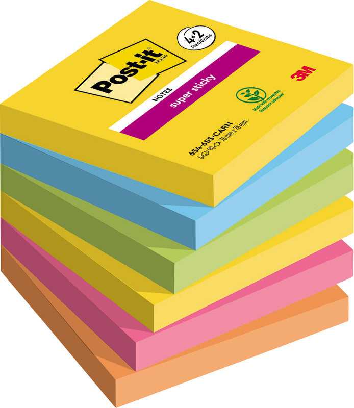 Post-it Super Sticky Haftnotizen – 76×76 mm – sortiert, 6×90 Blatt, PEFC