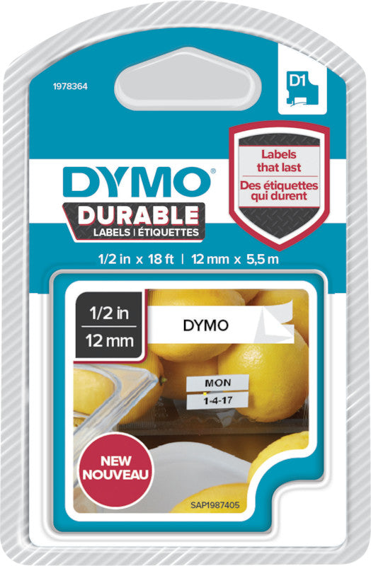 DYMO Schriftband – 12 mm × 5,5 m, weiss, schwarz – für LabelManager 160, 210D, 220 und andere