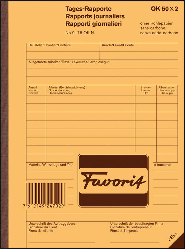 Favorit Formularblock – Tages-Rapporte, mehrsprachig, 50 Blatt, A5